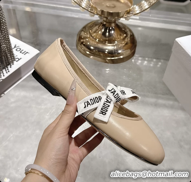 Most Popular Dior Miss Jadior Mary Janes Ballet Flat with Ribbon Beige Calfskin Leather 6063009