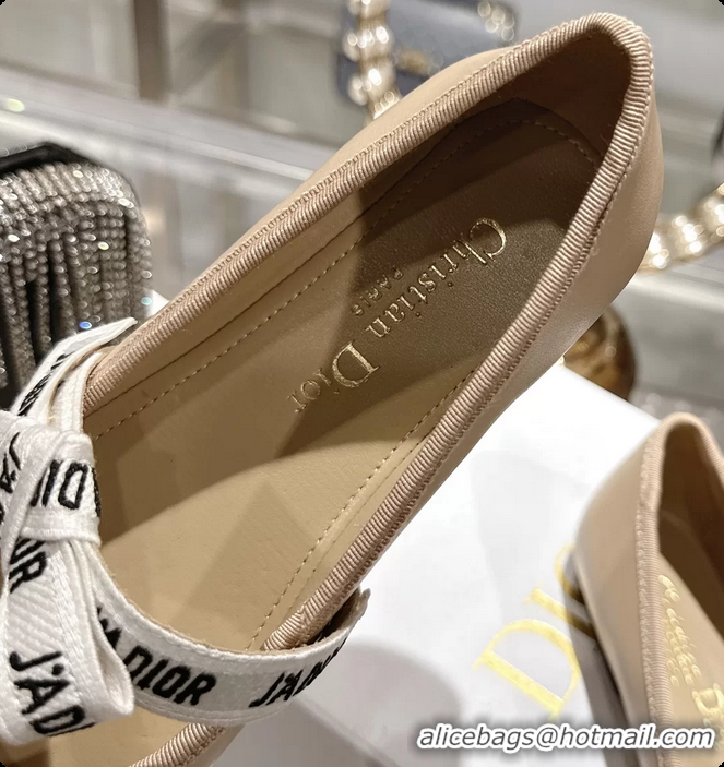 Most Popular Dior Miss Jadior Mary Janes Ballet Flat with Ribbon Beige Calfskin Leather 6063009