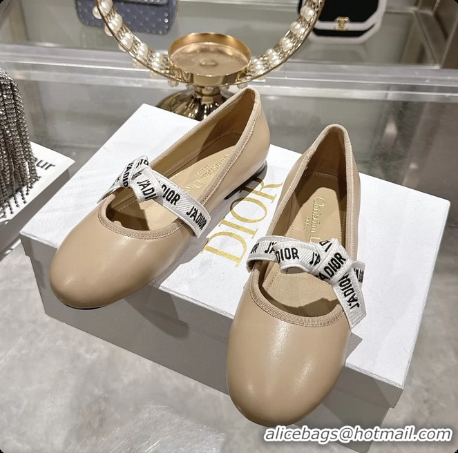 Most Popular Dior Miss Jadior Mary Janes Ballet Flat with Ribbon Beige Calfskin Leather 6063009