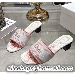 Cheap Price Dior Dioriviera Dway Heeled Slides Sandals Pink and White Embroidered Cotton and Toile de Jouy Floral Garden