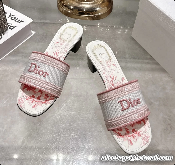 Cheap Price Dior Dioriviera Dway Heeled Slides Sandals Pink and White Embroidered Cotton and Toile de Jouy Floral Garden