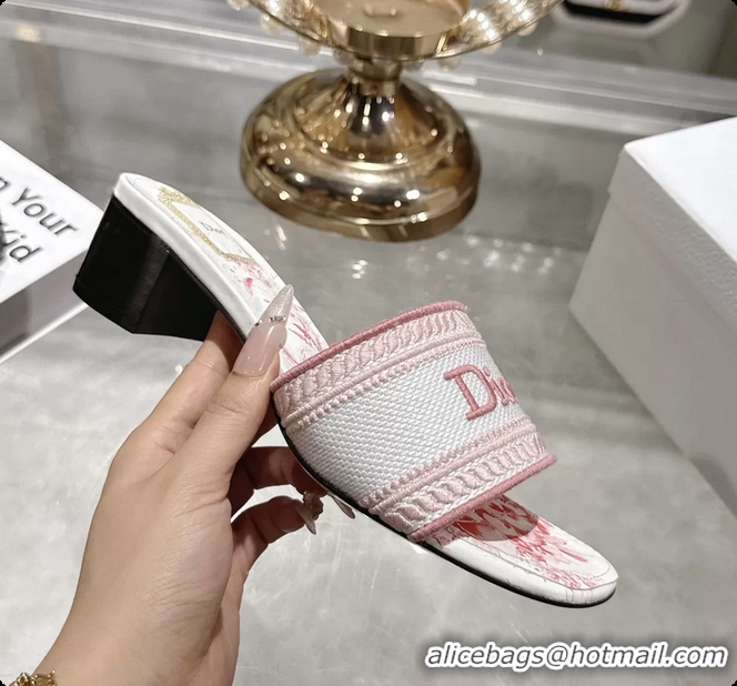 Cheap Price Dior Dioriviera Dway Heeled Slides Sandals Pink and White Embroidered Cotton and Toile de Jouy Floral Garden