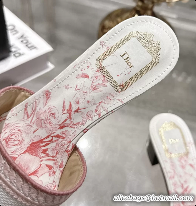 Cheap Price Dior Dioriviera Dway Heeled Slides Sandals Pink and White Embroidered Cotton and Toile de Jouy Floral Garden