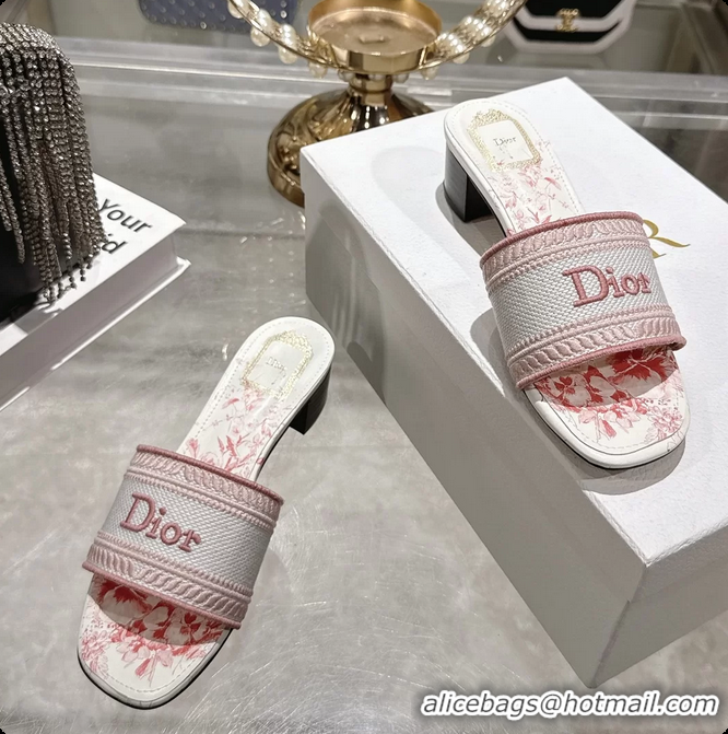 Cheap Price Dior Dioriviera Dway Heeled Slides Sandals Pink and White Embroidered Cotton and Toile de Jouy Floral Garden