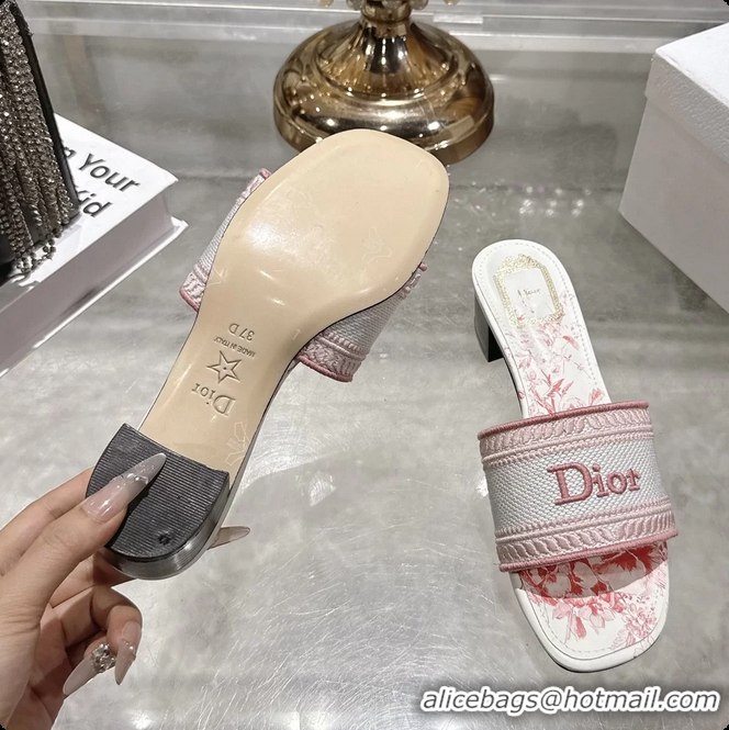 Cheap Price Dior Dioriviera Dway Heeled Slides Sandals Pink and White Embroidered Cotton and Toile de Jouy Floral Garden