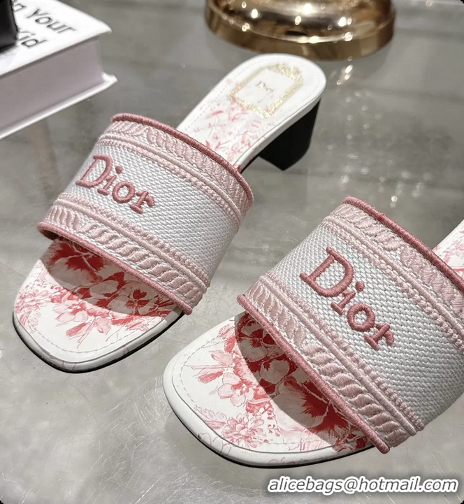 Cheap Price Dior Dioriviera Dway Heeled Slides Sandals Pink and White Embroidered Cotton and Toile de Jouy Floral Garden