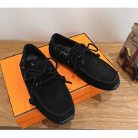 Unique Discount Hermes Member Loafers Black Suede Calfskin Leather 6060103