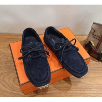 Masculine Hermes Member Loafers Navy Blue Suede Calfskin Leather 6060201