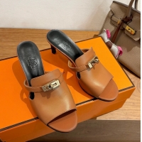 Shoulder Carry Hermes Cute Kelly Buckle High Heeled Sandals Brown Calfskin Leather 6060303