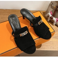Buy Discount Hermes Cute Kelly Buckle High Heeled Sandals Black Suede Leather 6060303