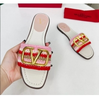 Classic Valentino Vlogo Signature Flat Slip On Slides Sandals with Crochet Embroidery Pink 6060501