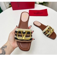 Original Cheap Valentino Vlogo Signature Flat Slip On Slides Sandals with Crochet Embroidery Brown 6060501
