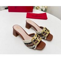Low Price Valentino Vlogo Signature Heeled Slip On Slides Sandals with Crochet Embroidery Brown 6060502