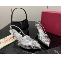 Crafted Valentino Atelier Silver Metallic Leather Rose Edition Slingback Pumps 6060505