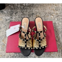 Fashion Valentino Rockstud Strappy Slides Sandals Gold Metallic Woven Laminated Nappa Leather 60MM 6060507