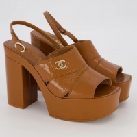 ​Trendy Design Chanel Crumpled Patent Lambskin Platform Sandals Heel 12cm G45017 Light Brown