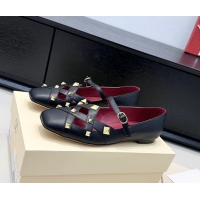 Top Grade Valentino Rockstud Studdy Black Leather Mary Janes Ballet Flats 6060806