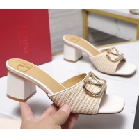 Good Looking Valentino Vlogo Raffia and Leather Heeled Slides Sandals Beige White 55MM 6060905