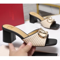 Cheap Ladies Valentino Vlogo Raffia and Leather Heeled Slides Sandals Beige Black 55MM 6060904