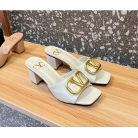 Top Grade Valentino Vlogo Leather Heeled Slides Sandals White 6060905