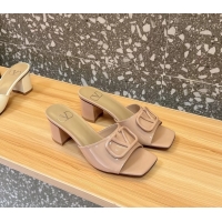 Shop Duplicate Valentino Vlogo Patent Leather Heeled Slides Sandals Beige 6060905