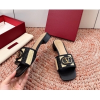 Top Grade Valentino Vlogo Raffia Flat Slides Sandal Black Beige 6060911