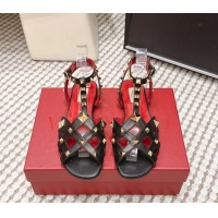 Classic Hot Valentino Studdy Kidskin Leather Sandals Black 6061005