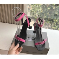 Good Looking BALENCIAGA Afterhour Calfskin Allover Logo Ankle Strap Round Heel Sandals Fuchsia 90MM 6061023