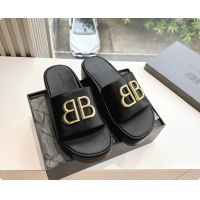 Sophisticated Balenciaga BB Rise Platform Slides Sandals Black Shiny Nappa Lambskin 6061108