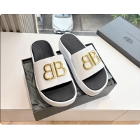 Stylish Balenciaga BB Rise Platform Slides Sandals White Shiny Nappa Lambskin 6061108
