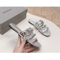 Comfortable Balenciaga City Flat Mule Sandals Silver Arena Lambskin 6061109