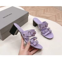 Shop Duplicate Balenciaga City Heeled Mule Sandals Purple Arena Lambskin 6061110