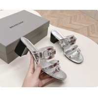 Top Design Balenciaga City Heeled Mule Sandals Silver Arena Lambskin 6061110