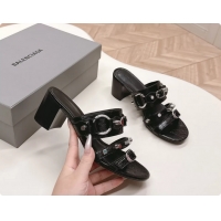 Popular Style Balenciaga City Heeled Mule Sandals Black Arena Lambskin 6061110