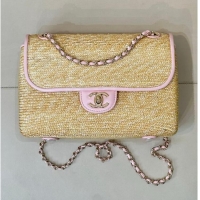 Low Cost Chanel Raffia Straw and Calfskin Large Flap Bag AS5929 Pink 2025