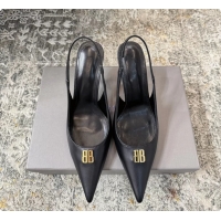 Luxurious Balenciaga Knife BB Black Leather Slingback Pumps 75MM 6061207