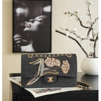 Most Popular Chanel  Metiers D'art Classic 11.12 Handbag Embroidered Denim With Glass Beads And Strass & Gold AS5698 Bla