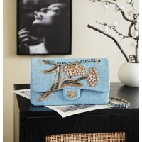 Shop Best Chanel Métiers D'art Classic 11.12 Handbag Embroidered Denim With Glass Beads With Strass & Gold AS5698 Blue/G