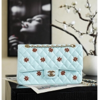Pretty Style Chanel Classic Flap Bag Quilted Leather Featuring Embroidered Floral Details AS5697 Light Blue/Gold 2026