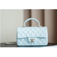 Original Cheap Chanel Classic Mini Top Handle Bag in Lambskin Leather AS2566 Light Blue/Gold