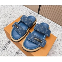 Low Cost Louis Vuitton Pool Pillow Comfort Flat Mule Sandals Denim Blue Monogram Fabric 6061803