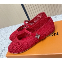 Grade Louis Vuitton LV Romy Mary Janes Ballet Flats Red Embroidered Fabric 6061906