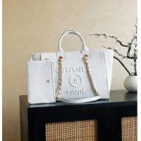 Luxury Cheap Chanel Large Shopping Bag Braided Straw With Suede Calfskin & Gold-Tone Metal A66941 White