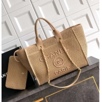 Top Design Chanel Large Shopping Bag Braided Straw With Suede Calfskin & Gold-Tone Metal A66941 Beige