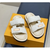 Luxurious Louis Vuitton Pool Pillow Comfort Mule Slides Sandals Denim Beige Monogram Fabric 6062003