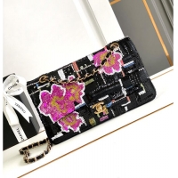 Top Grade Chanel Classic 11.12 handbag Embroidered satin/sequins/glass pearls & ruthenium-finish metal AS6288 black/yell