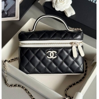 Famous Brand Chanel Vanity Bag with Top Handle and Chain Strap Quilted Leather with Silver-Tone Hardware AS6281 Black