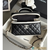 Famous Brand Chanel Vanity Bag with Top Handle and Chain Strap Quilted Leather with Silver-Tone Hardware AS6281 Black