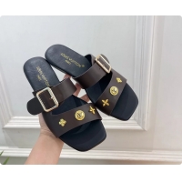 Durable Louis Vuitton Dark Brown Calfskin Leather Flat Slides Sandals 6062107
