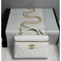 Promotional Chanel Top Handle Long Vanity Case with Chain White Shiny Lambskin Aged Gold Hardware AS6285